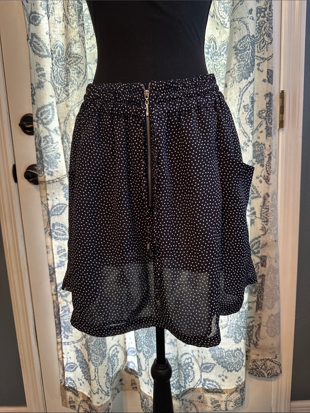 Navy Polka Dot Mini Skirt with Drawstring Waist